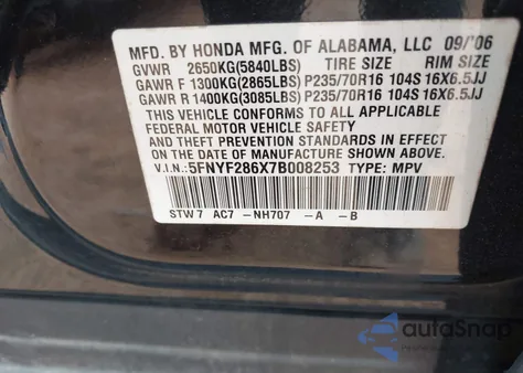 2007 Honda Pilot Ex-L from USA, damaged, VIN 5FNYF286X7B008253